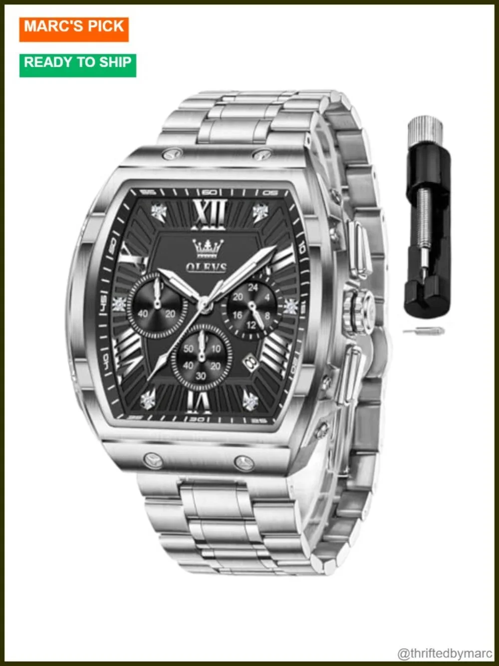 Men's Analog Quartz Chronograph Square Dress Watch Stainless Steel or Leather